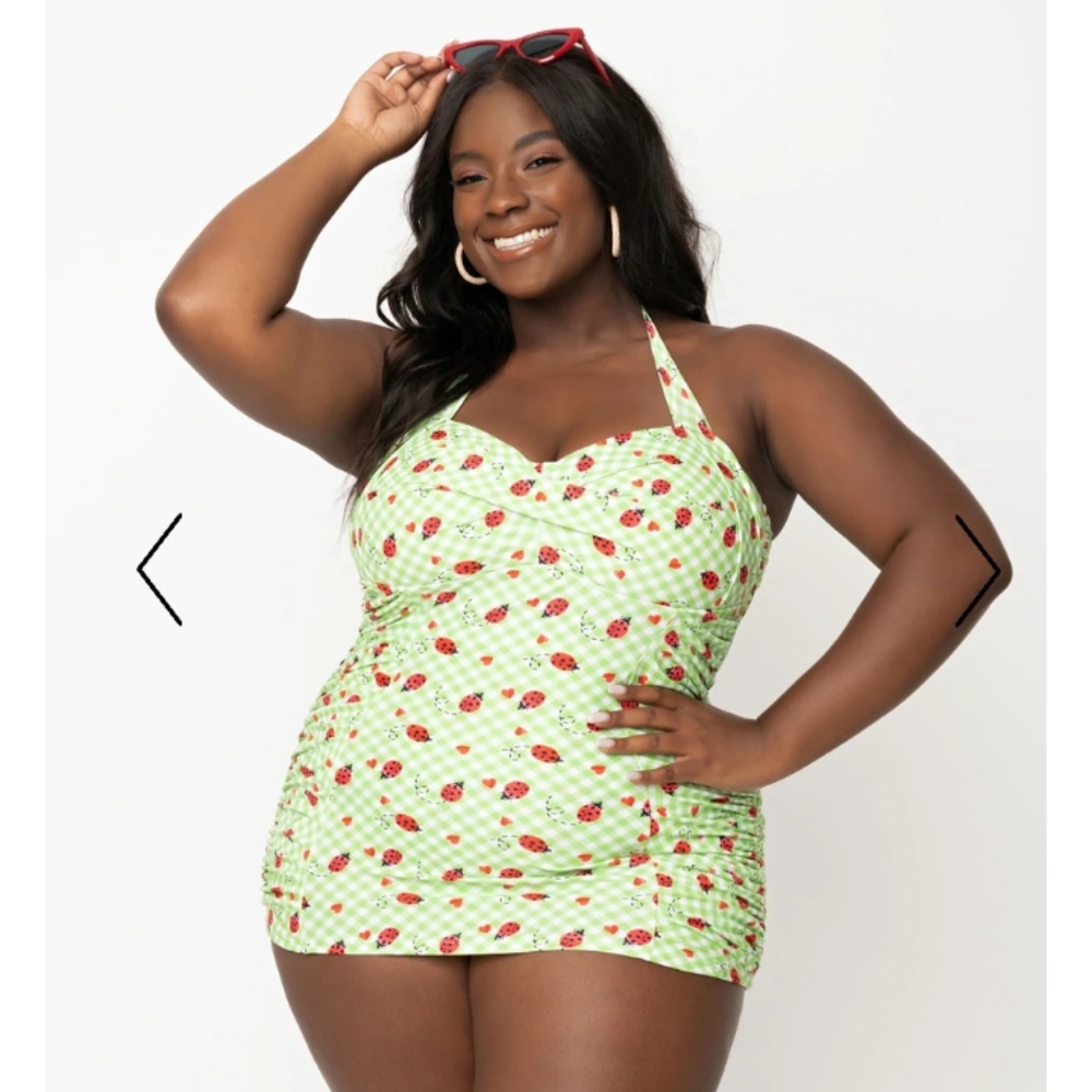 Unique Vintage Swimsuit one peice green plaid with ladybugs plus size NWT